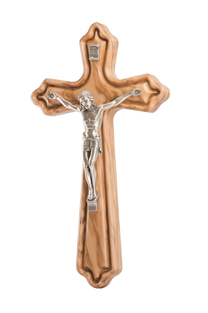 Olive Wood Crucifix, Silver Metal Corpus, 6"