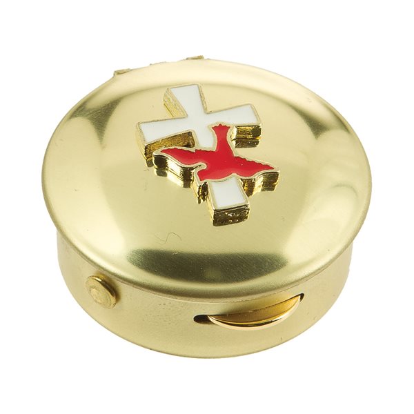 Solid Brass Pyx, White Cross, Plastic Case