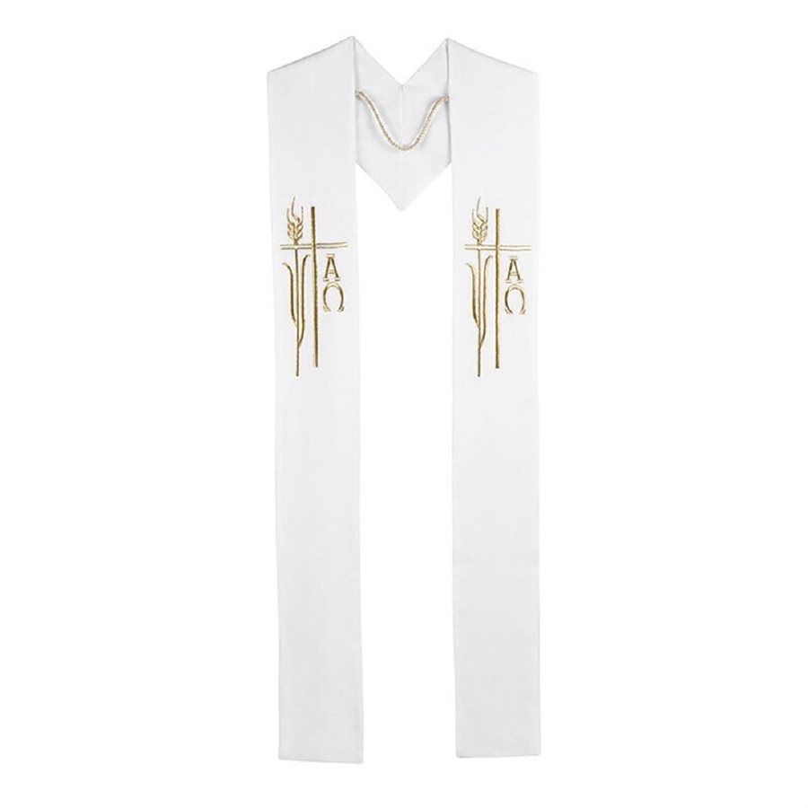 Embroidered Alpha Omega Stole, White